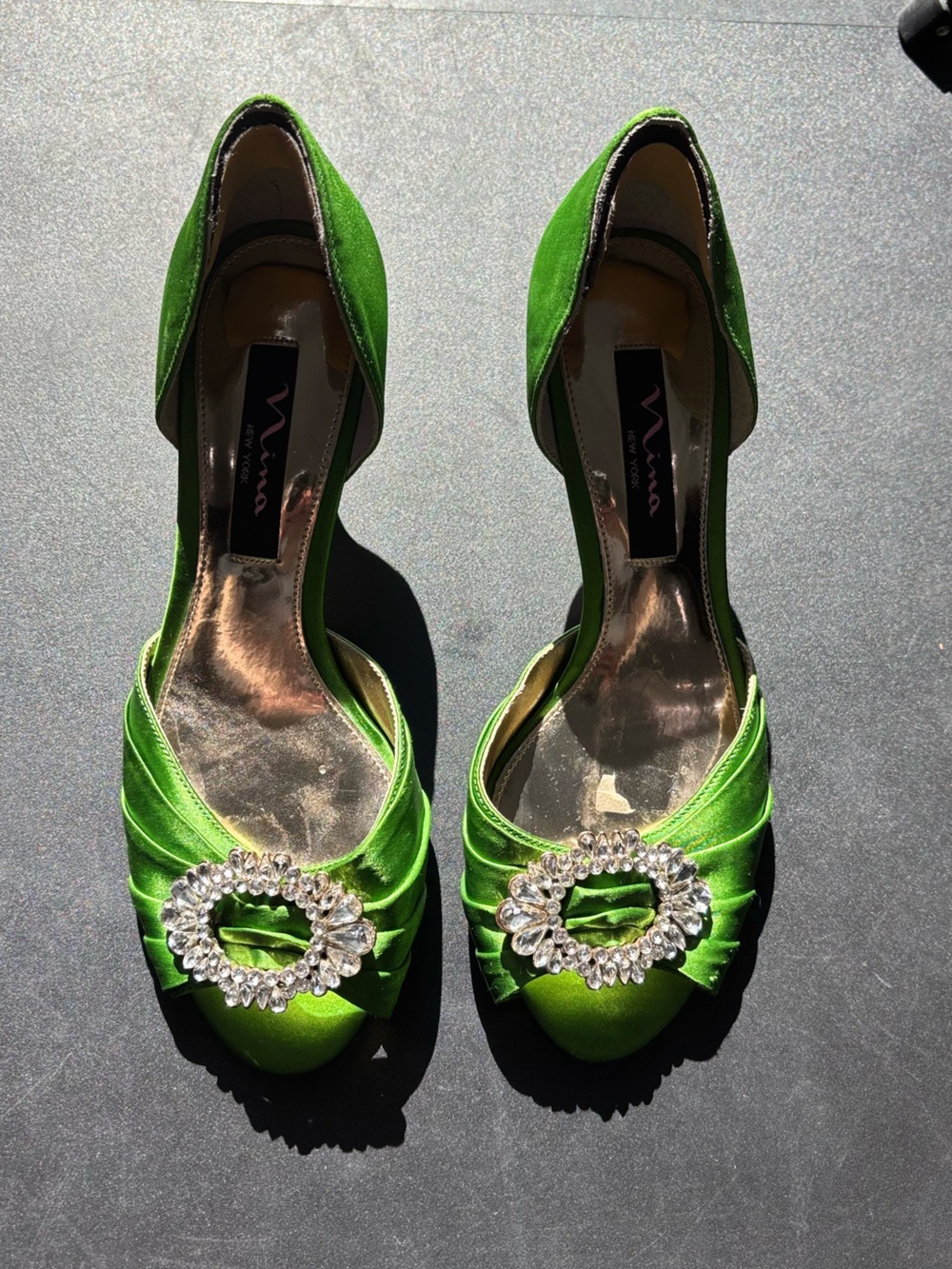 Nina Lime Green Satin Peep-Toe Heels with Crystal Brooch